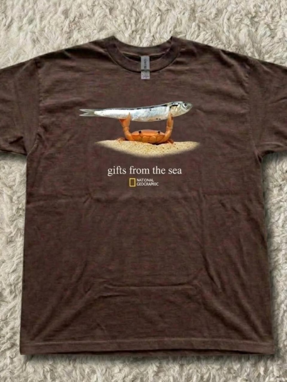 Gildan Brown Tee with Orange Crab and Silver Fish Graphic